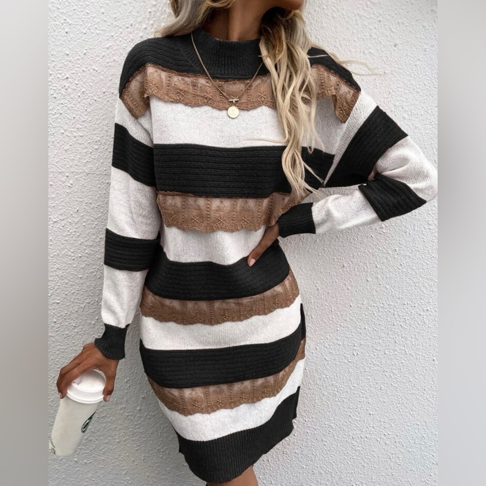 Color Block Guipure Lace Trim Drop Shoulder Sweater-Sz M-oversized -NWOT 🖤​​